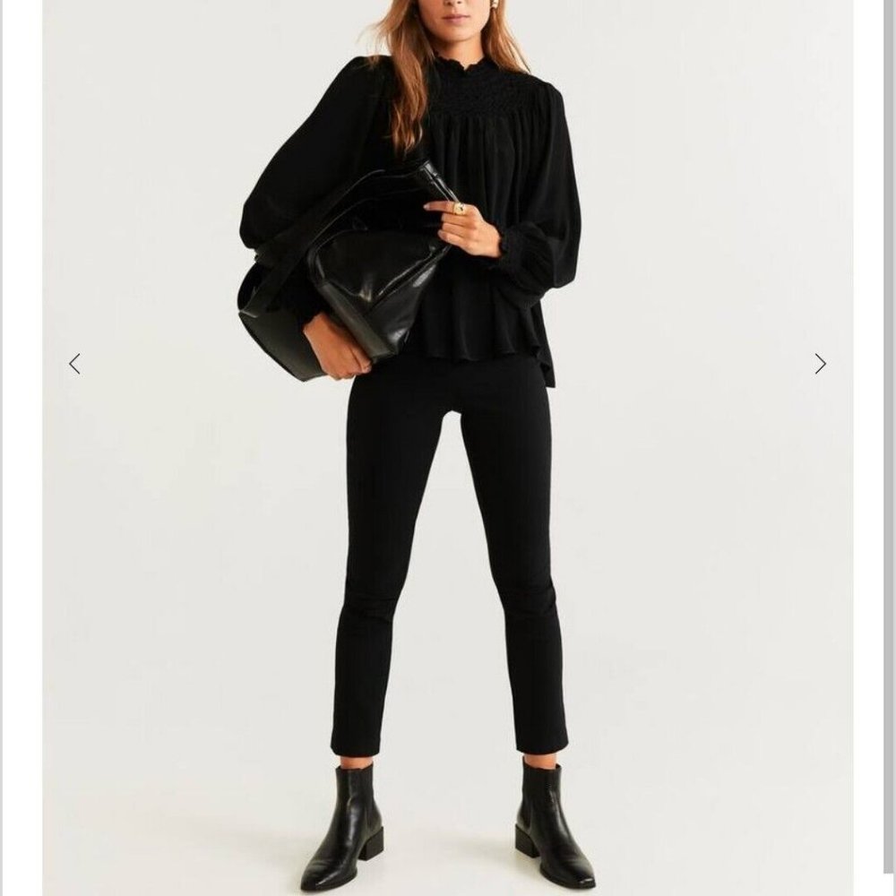 Mango Embroidered Womens Panel Puff Sleeves Blouse Black Size 8